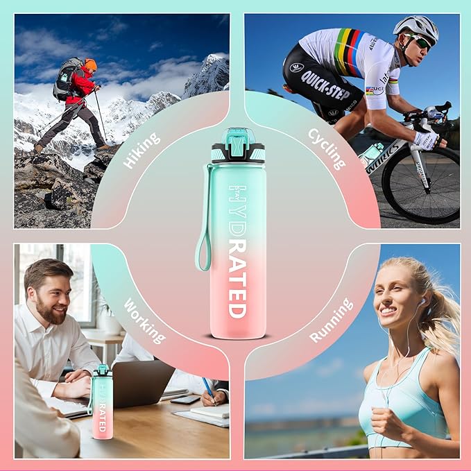 Water Bottle with Straw, 32oz Motivational Water Bottles with Time Marker to Drink, Tritan BPA Free, 1L Sports Water Bottle with Carry Strap LeakProof for Women Gym Fitness Outdoor (1 Pack)