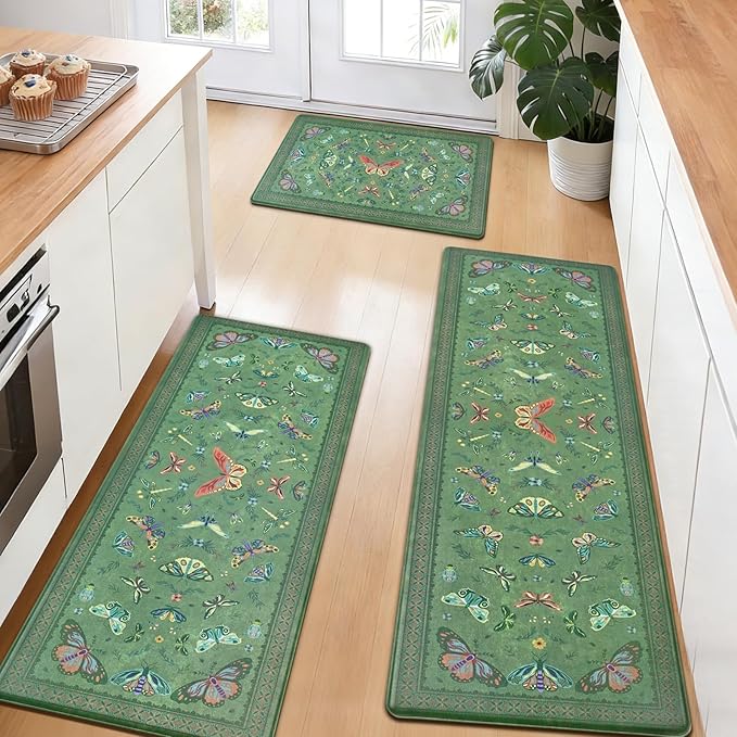 Yinhua Kitchen Rugs Sets of 3, Green Insect Kitchen Rugs Non Slip Washable, Farmhouse Anti Fatigue Mats for Kitchen Floor, PVC Waterproof Rug for Spring Summer, 18''x30''+18''x48''+18''x60''