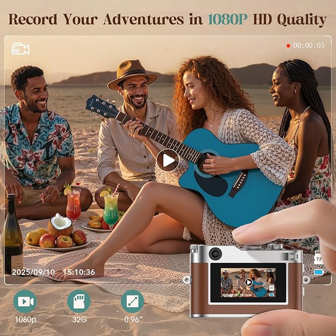Mini Digital Camera, Keychain Camera 1080P HD with 2MP Lens, Flash, Video Recording, 32G Card Included, Portable and Compact Retro Vlog Camera for Travel, Kids, Brown