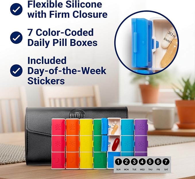 Arrigo Weekly Pill Organizer 3X a Day – 7-Pack Portable Color-Coded Pill Boxes with PU Leather Pouch & Labels – Compact, Travel Friendly Silicone Containers for Luggage, Purse, Backpack or Drawer