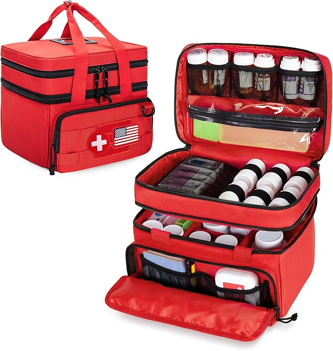 CURMIO Tactical Pill Bottle Organizer Case, Double Layers Medicine Storage Bag for Medication Bottles, Vitamins, Medical Supplies, Red (Bag Only)
