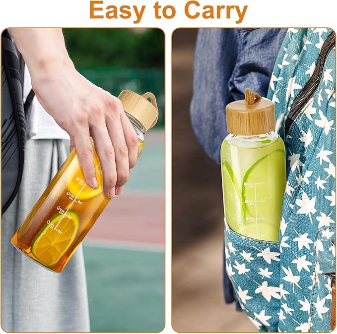 Glass Bottles with Lids and Time Marker, Glass Water Bottles with Carrying Strap, 17oz Glass Bottles for Juicing for Office, Gym