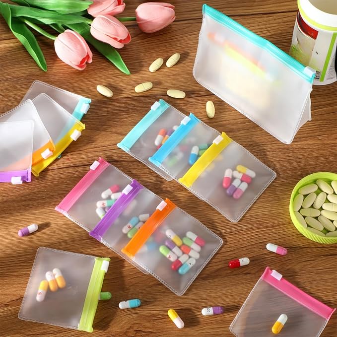 Sherr 56 Pcs Zippered Pill Pouch Bags Pill Pocket Reusable Clear Plastic Pills Bags Translucent Travel Medicine Organizer Travel Storage Pouches with Slide Lock for Pills Small Items(Candy Color)