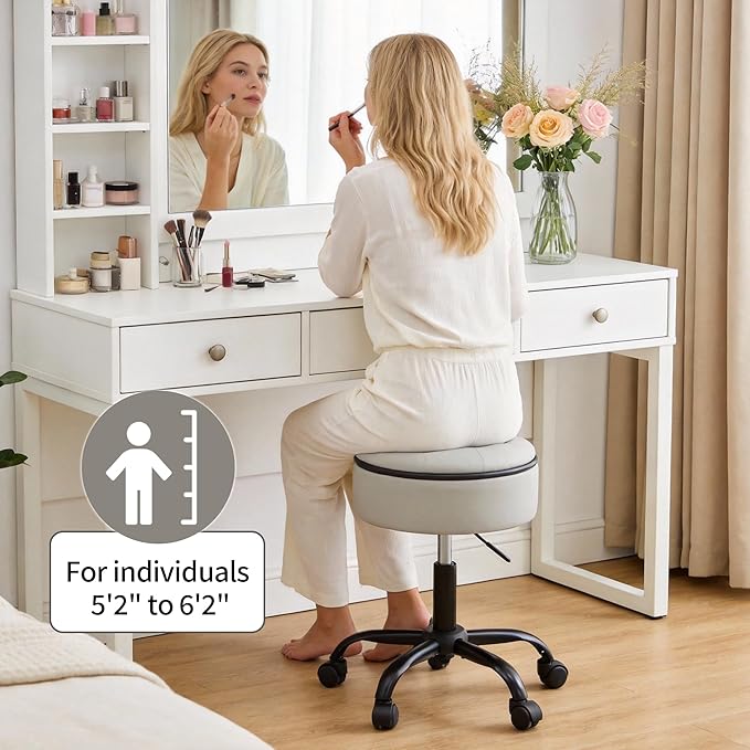 Rolling Chair (Stool & Small Table in One) (Adjustable Height Leather Pedicure Chair 20.67"-24.61"), Gray Tattoo Stool with Storage