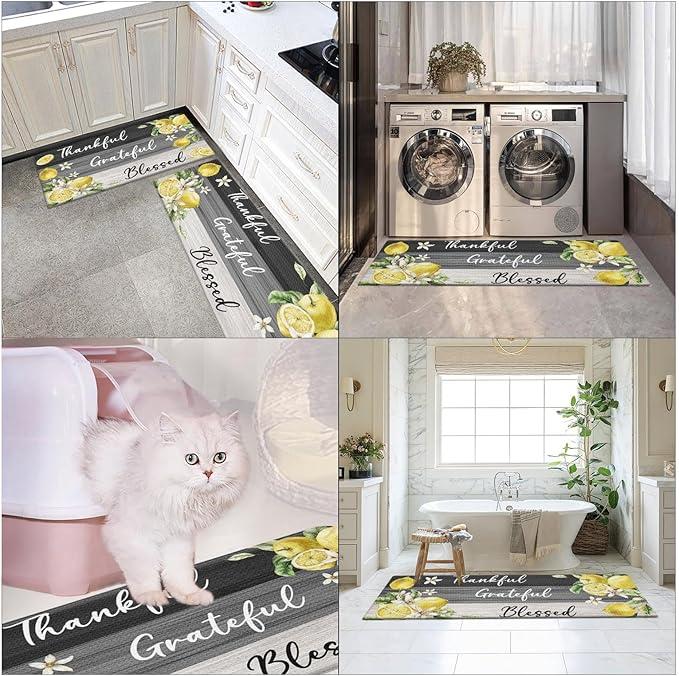Arttown Yellow Lemon Anti-Fatigue Kitchen Rug Set of 2 Grey Black Farmhouse Vintage Wooden Cushioned Floor Standing Mat Waterproof Non-Slip Kitchen Mat and PVC Ergonomic Comfort Foam Rug