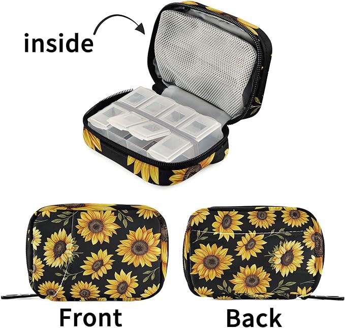 Kigai Sunflower Pill Case Weekly Pill Box Portable Travel Pill Bag Organizer with Zipper for Vitamins, Medication and Supplements
