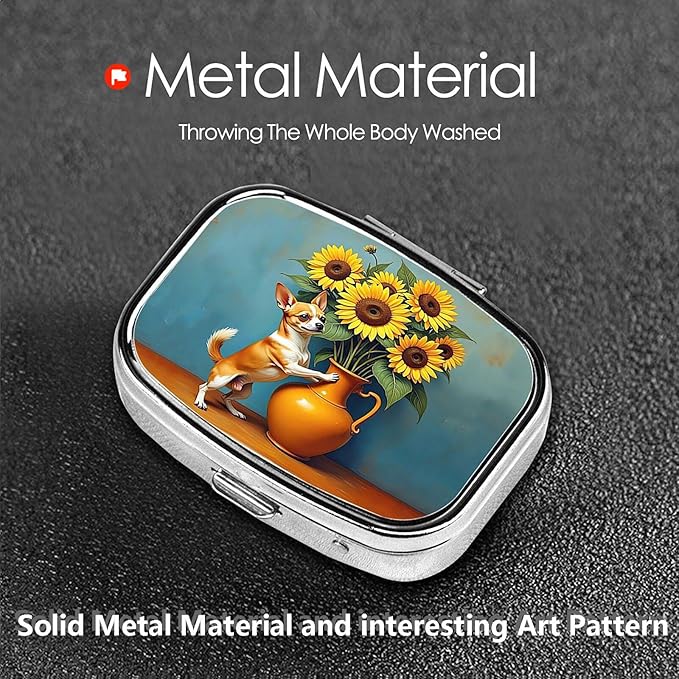 ABLESKY Pill Box, 2 Compartment Pill Organizer Case for Pocket or Purse, Small Portable Metal Travel Medicine Box with Mirror, Daily Vitamins Fish Oil Container-Chihuahua Dog Sunflowers