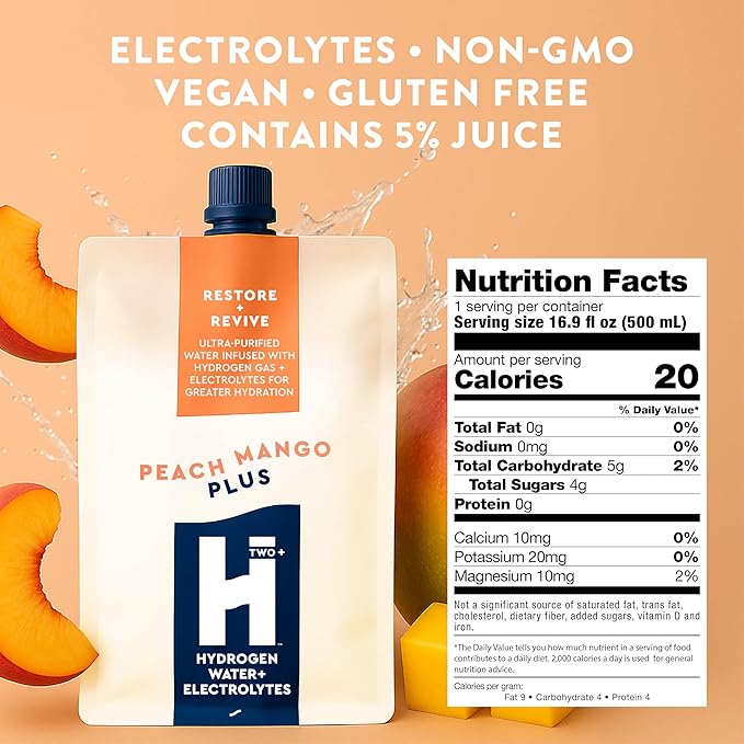HTWO Plus Molecular Hydrogen Water with Electrolytes, Peach Mango Flavor, Sugar Free Hydration Packets, 16.9oz 6 Pack, Energy Sports Drink, Performance & Recovery Support, Alternative to Hydrogenated Tablet - no Prep/Mess, 15 ppm