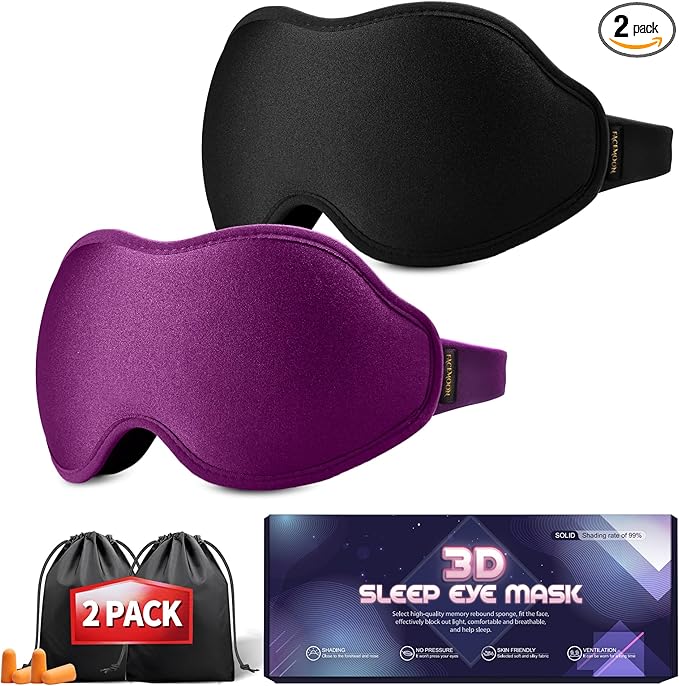 Sleep Masks for Women Men - Blackout Eye Cover for Lash Extension, 3D Contoured Sleep Mask for Side Sleeper, Soft Memory Foam, Sleep Masks for Travel, Airplane, Night(Cloud Black, Cloud Purple)