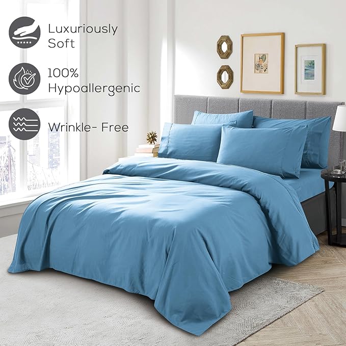 Mueller Ultratemp Bed Sheets Set, Super Soft 1800, 6 Piece California King Sheet Sets, Deep Pocket up to 16", Transfers Heat, Breathes Better, Hypoallergenic, Wrinkle-Resistant, Oeko-TEX, Denim