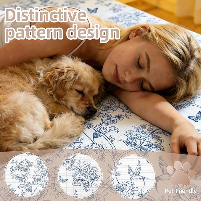 Grounding Sheets Queen Blue Floral - 15% Pure Silver + 85% Organic Cotton Fitted Bed Sheet for Earthing - 400 Thread Count Deep Pocket Grounded Bedsheets - Improved Sleep Down to Earth Ground Bedding