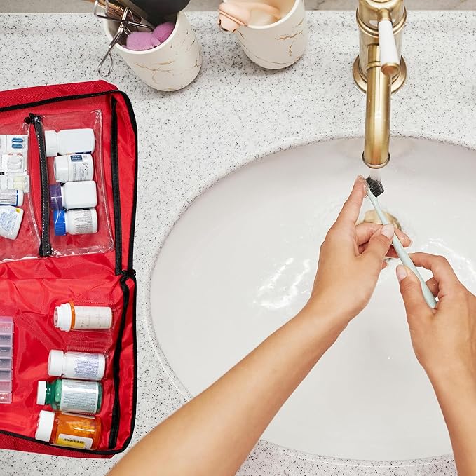 Large Medicine Bag Includes Pill Box and Removable Clear Bags, Prescription Bottle Organizer, Travel Carry Case, Combination Lock,12" x 10" x 2" (Red)