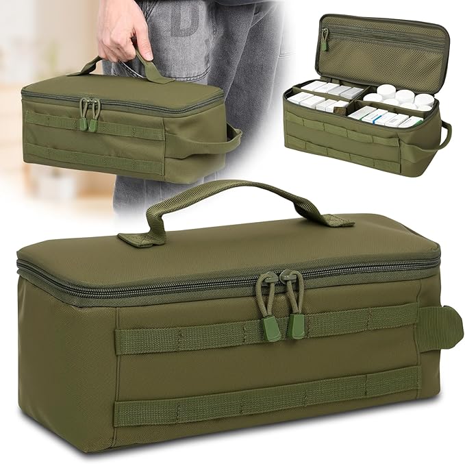 First Aid Bag Empty,Travel Bag Empty Pill Box Organizer, Portable Travel Pill Bottle Organizer for Home Outdoor Emergency Traveling(Military green,13.78 x 5.91 x 4.72 in)