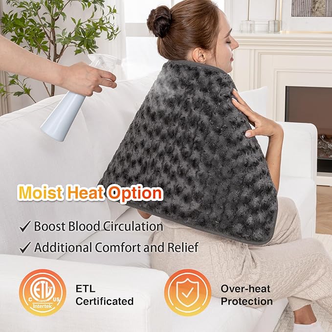 Woomer Faux Fur Electric Heating Pad for Back Pain Relief, Extra Large 17” x 33”, Extended Coverage from Neck to Hip, Two-Sided, Moist Mode, ETL Certified, 6 Adjustable Heats & 2H Auto-Off,Grey