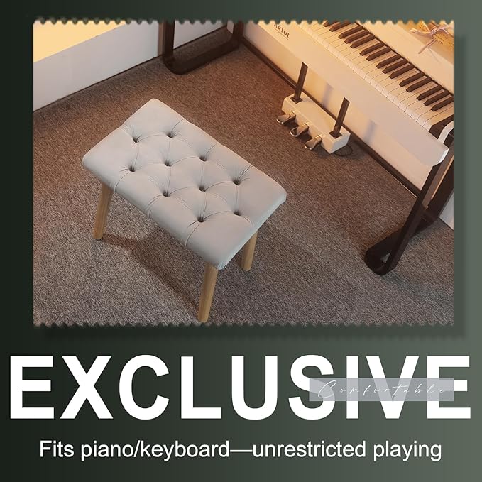 AKLOT Velvet Upholstered Piano Bench: Rubberwood Legs with 300-Pound Load Capacity, Ergonomically Set Seat Height, Easy Assembly, Purpose Keyboard Stool for Vanity, Bedroom and Living Room (Gray)