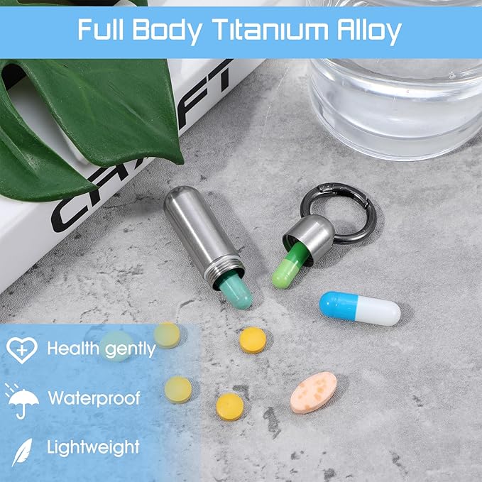 Small Pill Case Keychain Portable Tiny Pills Container Waterproof Titanium Pocket Pill Organizer Tiny Holder Bottle Carabiner Clip Pills Holder Bottle for Outdoor Camping Travel Purse