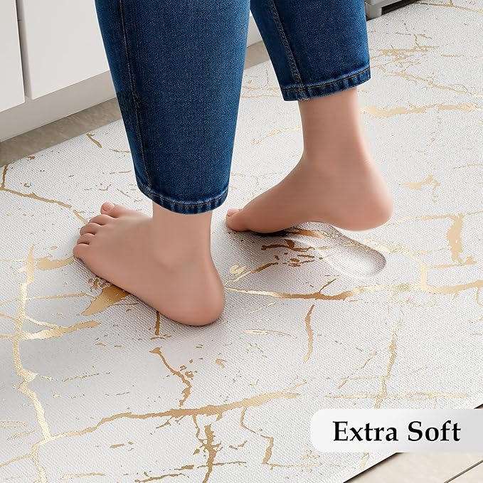 Gold Foil Stamped Marble Kitchen Mats for Floor 2PCS Cushioned Anti Fatigue Non Slip Waterproof Comfort Leather Kitchen Rugs 2/5 Inch PVC Kitchen Mats for Sink, Laundry, 17.3"x28"+17.3"x47",White