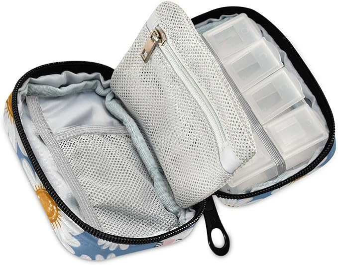Daisy Bunny Travel Pill Organizer Case Box Container Weekly Portable Vitamin Medicine Holder Storage Bag with Zipper Removable