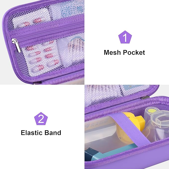 Canboc Carrying Case for Asthma Inhaler, Handheld Spacer for Adults, Mask, Inhaler Spacer Bag with Removable Shoulder Strap, Mesh Pocket fit Medicine or Essentials, Purple (Case Only)
