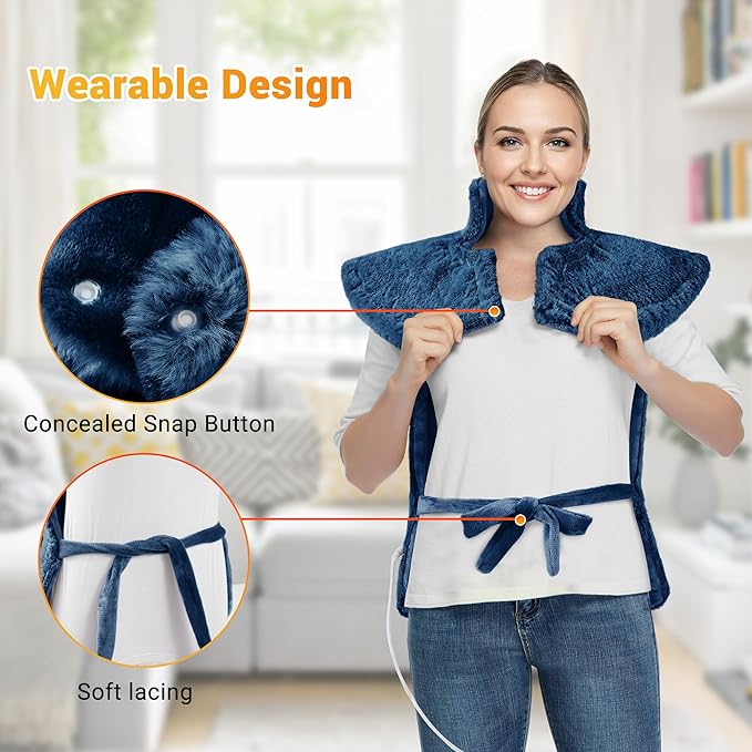 Massaging Heating Pad for Neck and Shoulders and Back, 24" x 35" Large Electric Heating Pad for Back Pain Relief with 3 Heat Levels, 4 Massage Settings, 2H Auto Shut-Off, 4 Massage Motors,Blue