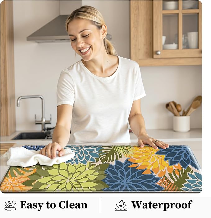 Kitchen Mats for Floor 2 Piece Cushioned Anti Fatigue Kitchen Mats Waterproof Non Slip Kitchen Mat Rug Set Comfort Foam Standing Mat for Sink, Laundry, Office, Yellow Green
