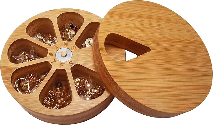 fashciaga Bamboo Wood Daily Weekly Vitamin Medicine Pill Organizer Case Box,Kitchen Salt Spice Cellar Containers,Earring Ring Jewelry Storage Decorative Box (Large)