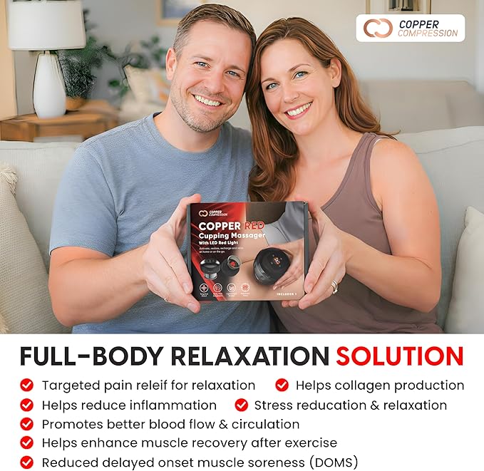 CopperRed™ by Copper Compression Cupping Massager. Red Light Therapy + Heat + Suction for Muscle Comfort, Joint Support, Circulation, Wellness, Pain & Relief. Multifunction, Adjustable & Rechargeable