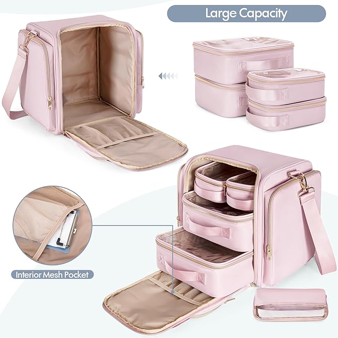 Medicine Storage Bag with 5 Removable Pouches, Pill Bottle Organizer Bag with Shoulder Strap, Large Medication Travel Bag for Medical Supplies, Pink(Only Empty Bag)