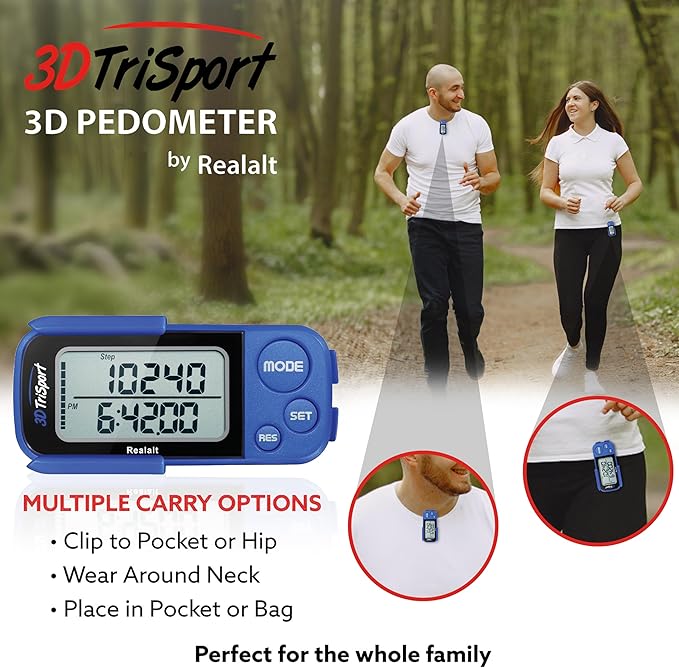 Realalt 3DTriSport 3D Walking Pedometer with Clip & Strap, Accurate Step Counter with 30-Day Memory, Distance in Miles/KM with Large Display Perfect for Seniors & Beginners, eBook Included