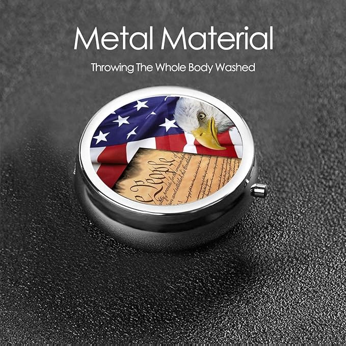 Men Women Round Pill Box Medicine Pill Case, American Flag Patriotic USA Bald Eagle and Book Portable Medicine Tablet Vitamin Holder Organizer for Purse Pocket Travel Gift