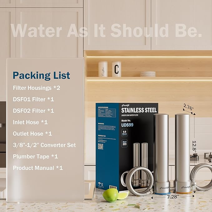 Frizzlife UDS99 Under Sink Water Filter System, 8-Stage Direct Connect Water Filtration, 0.5 Micron Reduce 99.99% Lead, Chlorine, Heavy Metals, Bad Taste, NSF 42 Certified Elements, Stainless Steel