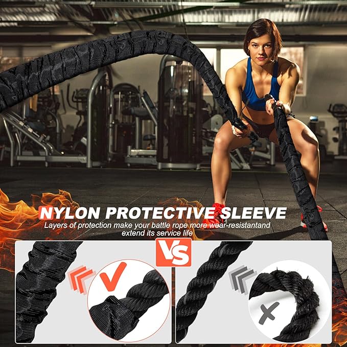 Battle Ropes for Home Gym Exercise - 1.5 Inch Diameter 40FT Length Workout Rope Training Exercise Ropes with Protective Sleeve, Heavy Battle Rope for Workout Exercise Fitness & Strength Training