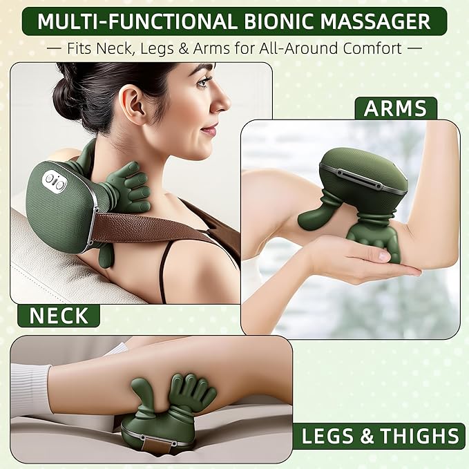 Neck Massager with Heat, Bionic Portable Shiatsu Neck and Back Massager, Electric Shoulder Massagers with Fingers for Pain Relief Deep Tissue, Simulated Human Hand Design 4D Kneading, Green