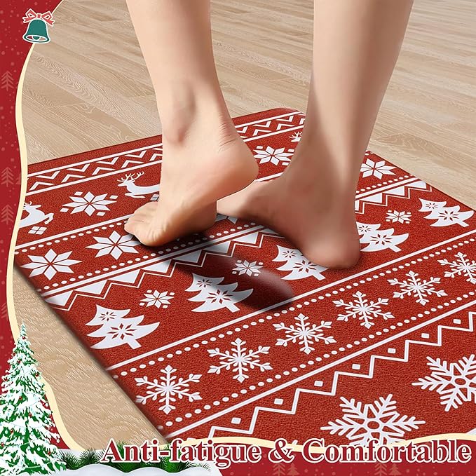 SHACOS Christmas Kitchen Rugs Set of 2 Anti-Fatigue Kitchen Mats Cushioned Red Mats White Deer Snowflakes Christmas Trees Boho Style Kitchen Mats and Rugs for Xmas 17x27.5+17x47, Boho Red