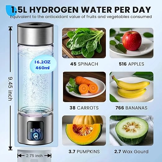 Hydrogen Water Bottle Generator with LED Screen, Portable Rechargeable Hydrogen Water Bottle 460ml with Advanced SPE PEM Technology 6000+ PPB, Ionizer Machine for Home/Office/Travel