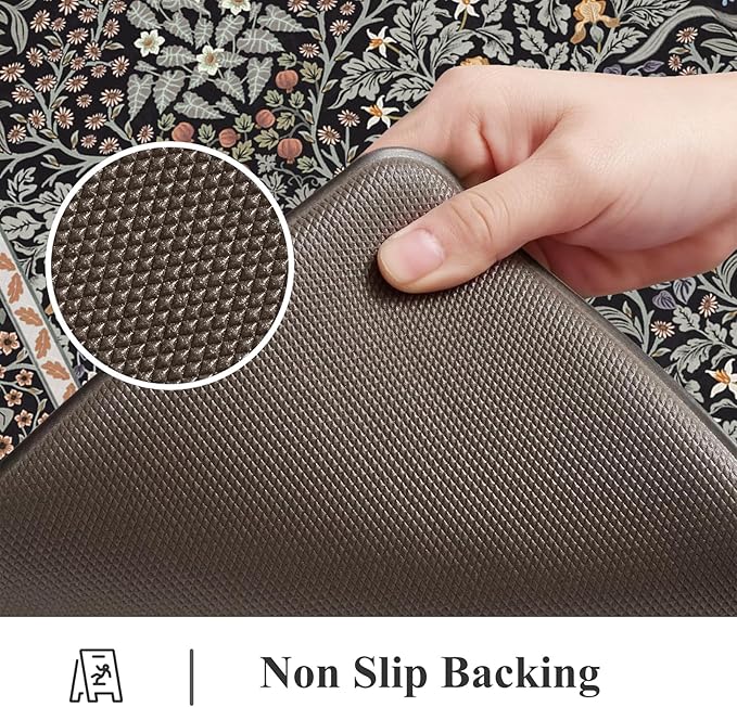 Collive Kitchen Mats for Floor, Cushioned Anti Fatigue Mat Floral Rugs 2 Piece Non Skid Waterproof Sink Rug, Memory Foam Comfort Standing Mat for Office, Laundry, Desk, Black/Mulit