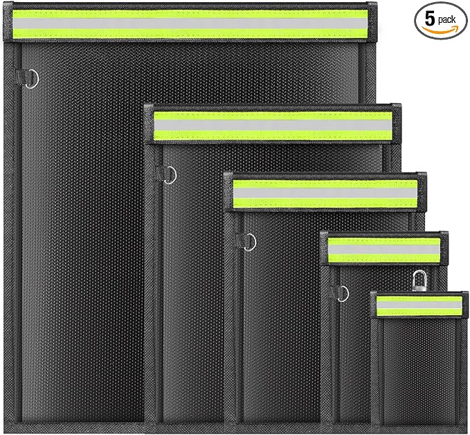 yaokvide Large Faraday Bags with Reflective Strip - 5 Pack Faraday Cages for Laptops & Tablets & Phones & Car Keys, Faraday Key Fob Protector, Fireproof & Waterproof Anti-theft Signal Blocking Pouch