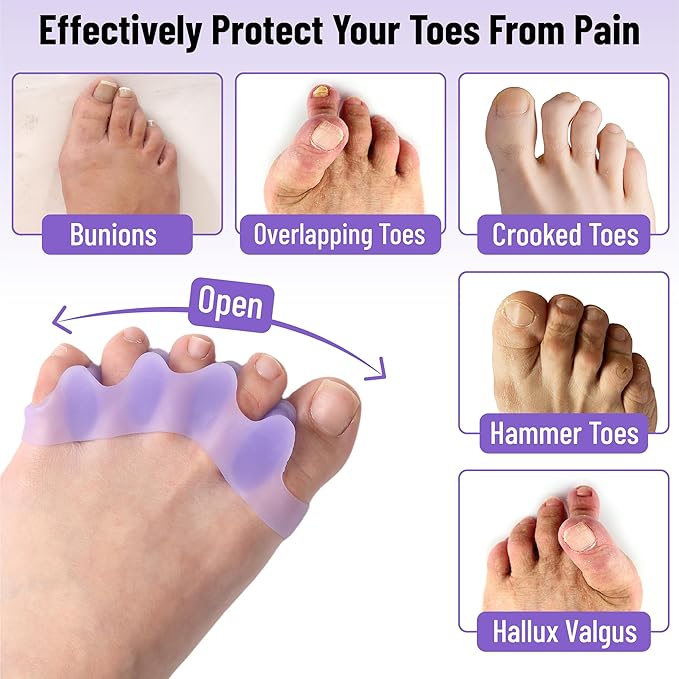Dr. JK- ToePal Gel Toe Separators, 2 Pairs, Purple Bunion Toe Spacers, Toe Straightener, Toe Stretcher, Toe Corrector for Women and Men, Bunion Corrector, Silicone Toe Spacer
