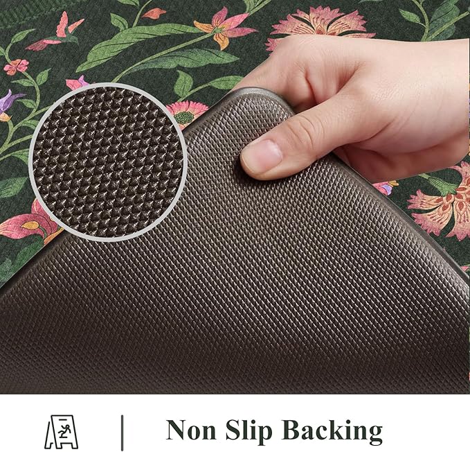 Collive Kitchen Mats for Floor, Cushioned Anti Fatigue Mat Green Floral Rugs 2 Piece Non Skid Waterproof Sink Rug, Memory Foam Comfort Standing Mat for Office, Laundry, Desk, 17.3"x29"+17.3"x47"