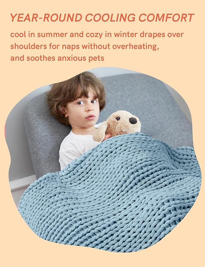 YnM Cooling Weighted Blanket, 100% Cotton Handmade Chunky Knitted Blanket, Weighted Lap, Breathable Heavy Blankets, Machine Washable Throw for Sleep or Home Decor (Sky Blue, 25x35 Inch, 3lbs)