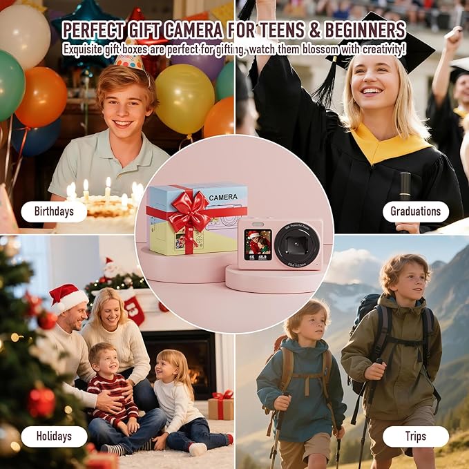 Digital Camera, 4K 48MP Autofocus Dual Screen for Selfies, 18X Zoom Fill Light, Portable Point and Shoot Travel Camera with 32GB SD Card for Kids, Teens, Girls, Boys- Pink