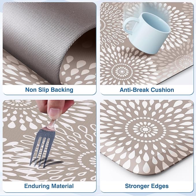 LuxStep Kitchen Mats for Floor,0.47 inch Thicker Cushioned Rug Anti-Fatigue Mats for Kitchen Decor Accessories,Waterproof Non-Slip Mats and Rugs Set for Office,Laundry 17.3"×29"+17.3"×47",Khaki