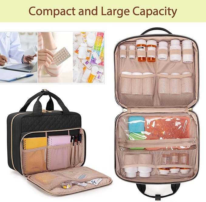 Damero Pill Bottle Organizer, Travel Medicine Bag Organizer, Medicine Organizer and Storage for Pills, Vitamin, Fish Oil, Medical Supplements for Women and Men, Black