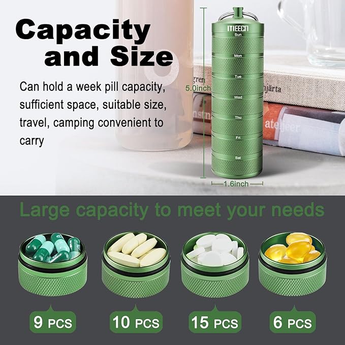Weekly Metal Pill Organizer for Outdoor Travel, Aluminum, Waterproof, That is Shockproof and Has Large Compartments for Storing Vitamins, Fish Oil, Emergency Pills (Green)