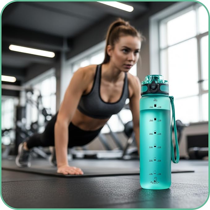 32oz Titan Water Bottle with Time-Marked, 2 Lids (Fast Flow & Straw) - BPA/BPS Free, Leak-Proof, Airtight, Reusable Water Bottle - Perfect for Sports, Hiking (Green)