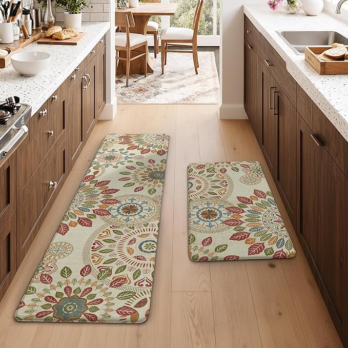 GENIMO Kitchen Mats for Floor 2PCS, Cushioned Kitchen Rugs Non Slip Washable, Farmhouse Anti Fatigue Mat Waterproof, Comfort Standing Mat Rug for Office, Home, Laundry, 17.3"x59"+17.3"x30", Beige&Red