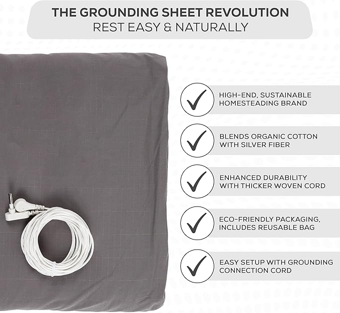 Earthing Grounding Sheets King Size (Grey) - 400 Thread Count Soft Earthing Grounding Sheet w/Cotton, & Silver Fiber- Earthing Sheets Grounding with Reinforced Grounding Cord for Conductivity