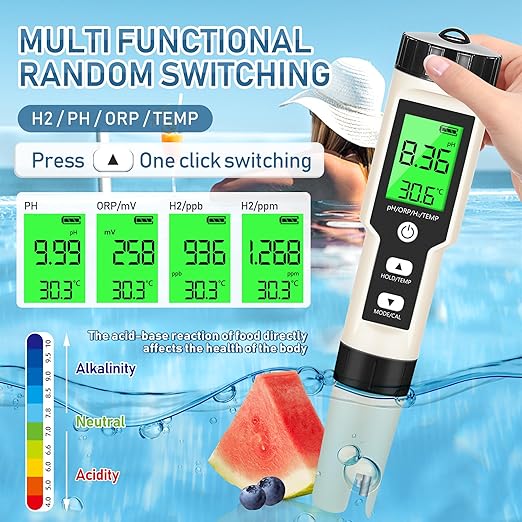 Hydrogen Water Tester 4 in 1 PH,H2,ORP&Temp,pH Meter ORP Meter Hydrogen Tester for Water with ATC & Backlight,Accurate Hydrogen Water ppb/ppm Meter