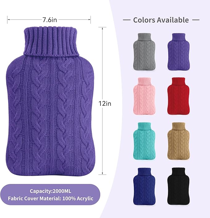 samply Hot Water Bottle with Knitted Cover, 2L Hot Water Bag for Hot and Cold Compress, Hand Feet Warmer, Ideal for Menstrual Cramps, Neck and Shoulder Pain Relief, Purple