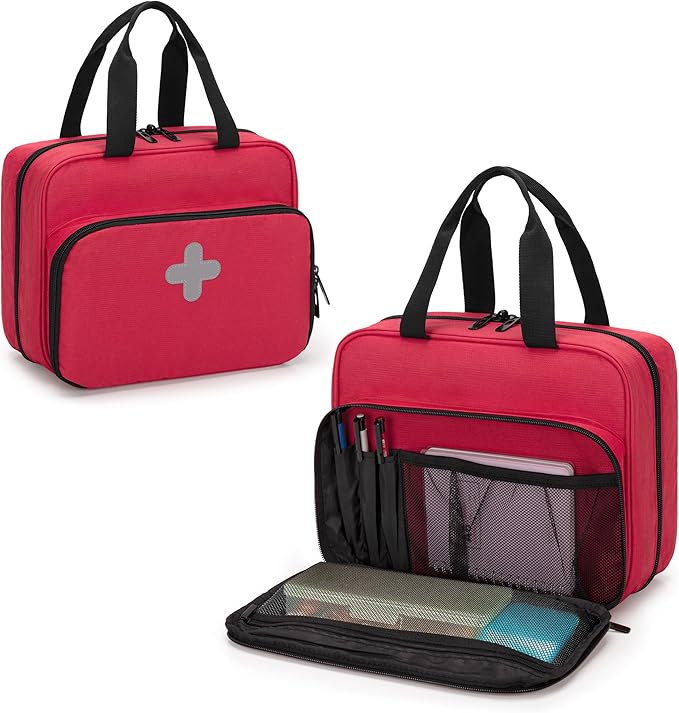 CURMIO Pill Bottle Organizer Portable Medicine Bag, Lockable Prescription Bottle Storage for Pill Bottles, Vitamins, Medical Supplements for Home Storage and Travel, Red (Empty Medicine Bag)